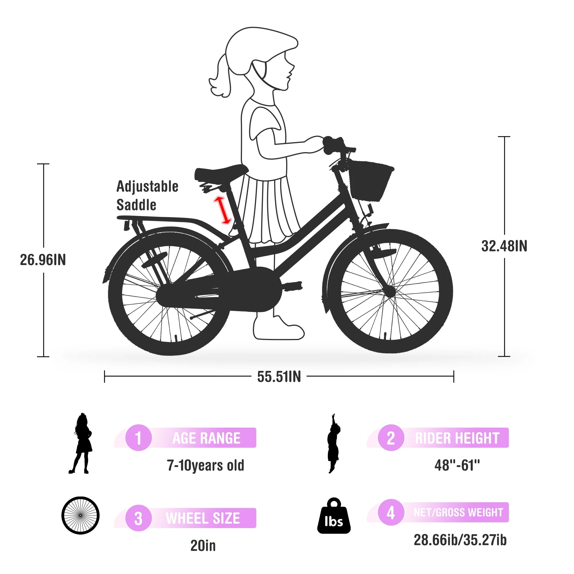 Aezusy 20 in Kids Bike with Basket for 7 - 10 Years Old Girls, Purple