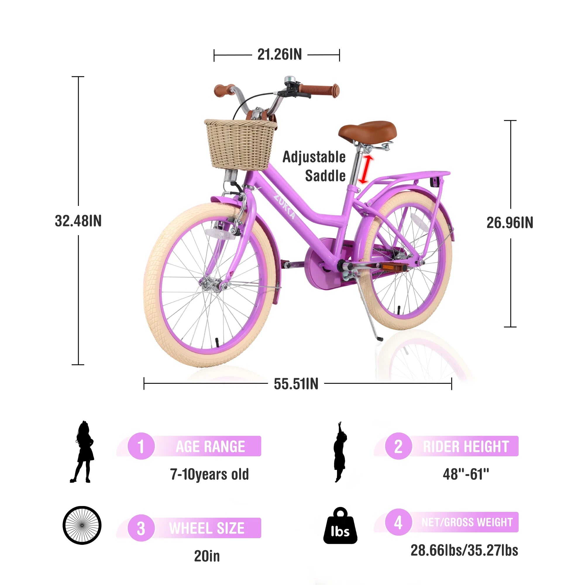Aezusy 20 in Kids Bike with Basket for 7 - 10 Years Old Girls, Purple